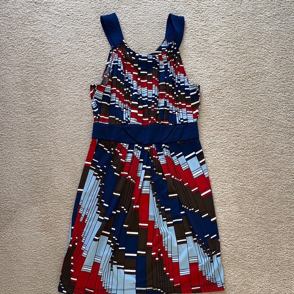 BCBGMaxAzria Red, Blue, Brown Geometric Midi Dress